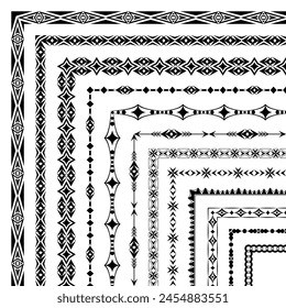 Vector set of corner brushes with elegant geometric patterns. Group of border designs for certificates, friezes, frame, card, invitation, printing on textile, paper. Brushes are included in the file