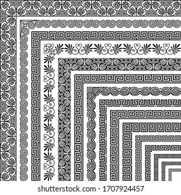 Vector set of corner brushes, ethnic greek meander pattern. Wide and narrow classical ornament in Hellenic style for the design of frames, boarders, edging, certificate, menu, invitation, wedding card