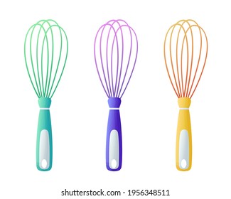 Vector set of corollas in cartoon style. Beautiful whisk for beating. Kitchen utensils. Isolated on white background
