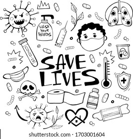 Coronavirus-Vektorillustration / Doodles of covid-19 / Medizinische Symbole / Digitale Illustrationen