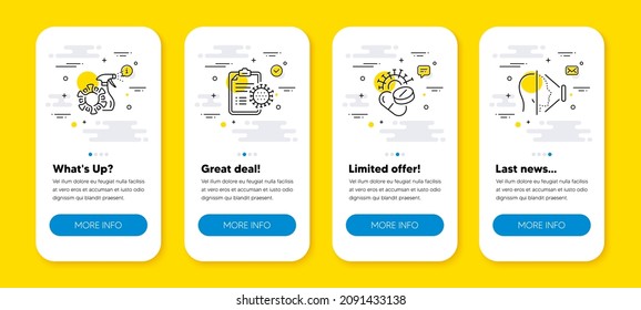 Vector set of Coronavirus spray, Medical report and Face id line icons set. UI phone app screens with line icons. Covid antiseptic, Treatment, Vaccine. Phone scanning. Phone UI banners. Vector