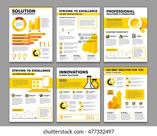 Vektorset von Unternehmensvorlageninformationen mit Objekten, Diagramm, Graphen, Symbolen, Header, Text auf weißem Hintergrund. Flat Style Design Business-Infografik für Geschäftsbericht, Poster, Mobile