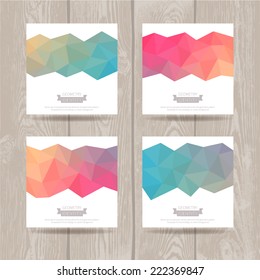Vector set of corporate identity elements with geometric pattern. Templates (blank, card, wallpaper) for brand design on wood background.