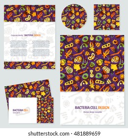 Vector set of corporate identity template  with bacterial, cells, virus and germs. Hand drawn bacteria background and text. 