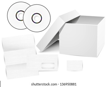 Vector set of corporate identity templates (CD dicks, box, envelope, business card). Isolated on white background.