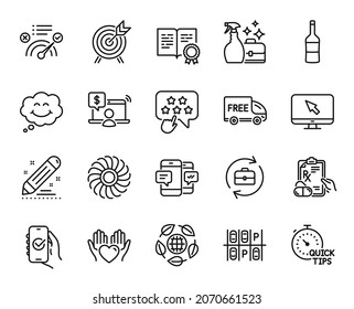 Vector set of Correct answer, Brand contract and Wine line icons set. Approved app, Prescription drugs and Cleanser spray icons. Archery, Quick tips and Smartphone sms signs. Vector