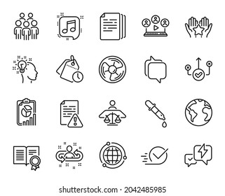 Vector set of Correct way, Court judge and Instruction manual line icons set. Report, Video conference and Globe icons. World planet, Group people and Air fan signs. Correct way web symbol. Vector