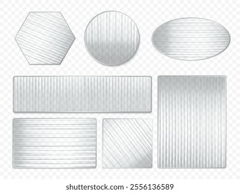 Vector set of corrugated glass of various shapes: rectangle, circle, oval, square. The design uses patterns and textures of gray color on a transparent background