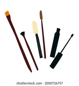 Vector set of cosmetic accessories with eyebrow and eyelash brushes and mascara on white background