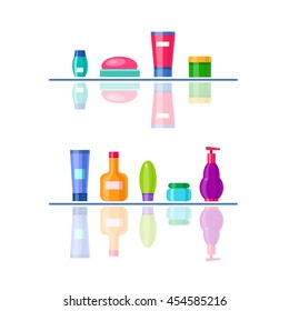 Vector set of cosmetic and bathroom bottles with cream, shampoo, soap and lotions. Bright cartoon tubes. Liquids for washing