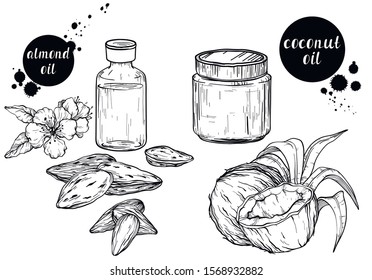 Vector set of cosmetic care ingredients. Organic hand drawn oils. Almond oils, coconut butter. Black and white