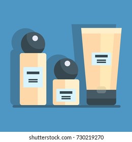 Vector Set of cosmetic creams. Beauty and facial and body care. Flat cartoon illustration. Objects isolated on a blue background.