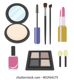 Vector set with cosmetic: eye shadows, lipstick, mascara, nail polish, brushes, powder