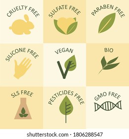 Vector Set of cosmetic Ingredient Warning Label Icons. Badges and icons for natural eco friendly handmade products, organic cosmetics as cruelty free, paraben free, sls free.