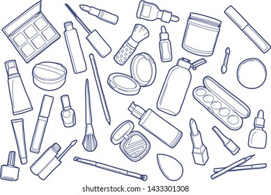 Vector set with cosmetic and makeup equipment. contour, outline illustration with lipstick, powder, mascara, palette of shadows isolated on white background