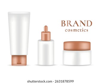 Vector set of cosmetic packaging in minimalist style: matte white tube, bottle with pipette and cream jar with bronze caps on white background