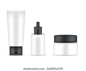 Vector set of cosmetic packaging in minimalistic style: matte white tube, dropper bottle, and cream jar with black caps on white background