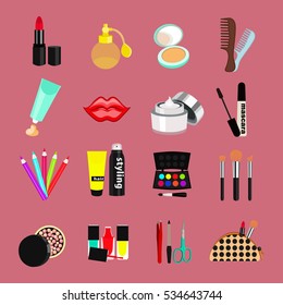 Vector set of cosmetic products. Multicolored elements to create a make-up, decorative elements for icon, internet, web, mobile apps, interface design, presentations, cosmetics shop