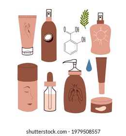 Vector set of cosmetic tubes and bottles, isolated care products