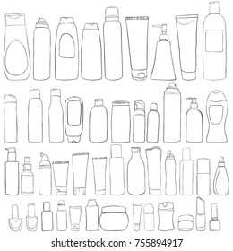 vector set of cosmetics bottles, hand drawn illustration