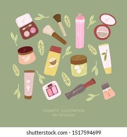 Vector set cosmetics. Cosmetic and makeup collection. Cartoon vector sketch of cosmetic. 