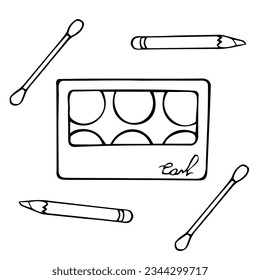 vector set of cosmetics, eyeshadow palette, pencil, wand with cotton