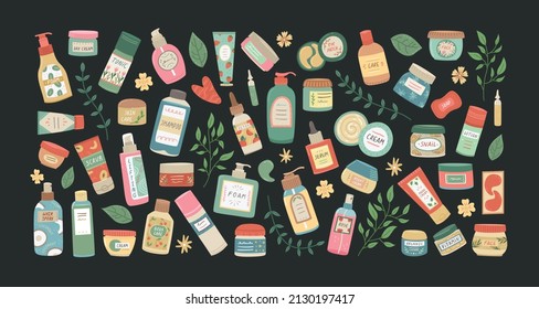Vector set of cosmetics for face and body care. Beauty industry, home care.