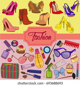 Vector set of cosmetics. Fashion background. Perfect for scrapbooking