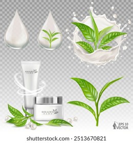 Vector set of cosmetics with green tea extract. Sample packaging without label. Realistic cream splash and drop. Natural sprout of organic green tea. 3D isolated mockup for advertising