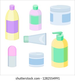 Vector set of cosmetics images. Dispenser pigs, tubes and cans.