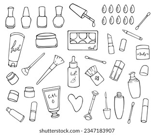 Vector set of cosmetics items in doodle style,
hand drawn