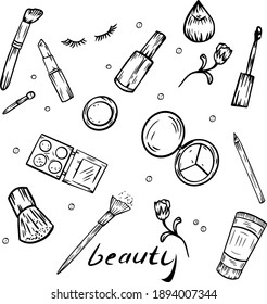 Vector set with cosmetics items hand-drawn in the style of black and white graphics, cosmetics, isolated items. Eye shadow, powder, rose, eyelashes, lipstick