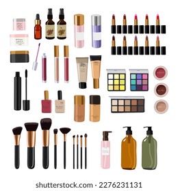 Vector set cosmetics makeup in flat style. Large collection of make-up product, powder, lipstick, mascara for eyelashes, makeup brush, eye shadow, masker, nail polish, perfume and eyeliner