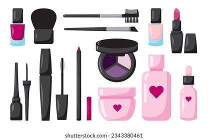 Vector set of cosmetics. Make-up kit, lipstick, eye shadow, nail polish, mascara, make-up brushes, eyeliner.