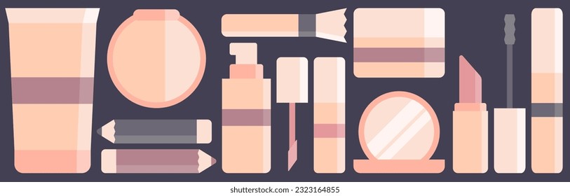 Vector set of cosmetics for makeup and skin care. Image of elements on a dark background. Illustration for selling cosmetics.