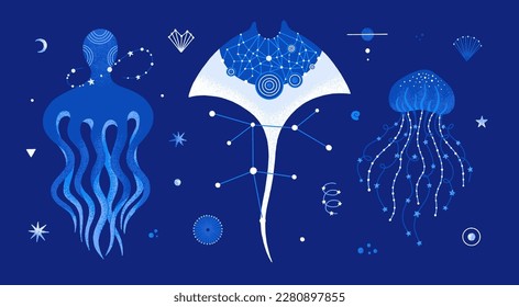 Vector set of cosmic underwater life. Isolated textured stingray, jellyfish, octopus and space decor. Hand drawn clipart elements. Designs for stickers, print on apparel. Blue and white colors