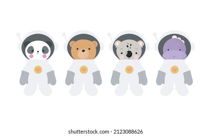 Vector set with Cosmonaut Animals in cartoon style. Bear, Panda, Koala, Dinosaur in space suits. Good for party invitations, birthday cards, stickers, prints etc.