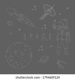 Vector set of cosmos concept. Astronaut, space rocket, planet, satellite, stars. Outline style black and white illustration.