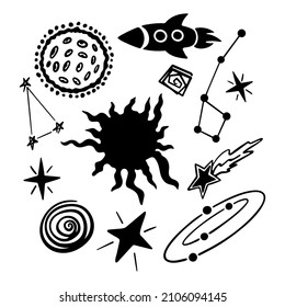 Vector set of cosmos. Stars, planets, rockets, comets, constellations. Hand drawn in doodle style isolated on white background.
