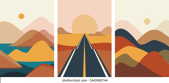 Vector. Set of costructivism abstract posters landscapes. Geometric shapes, template design, modern minimal wall art, terracotta color elements. For flyer, poster, magazine or brochure. Avant garde. 