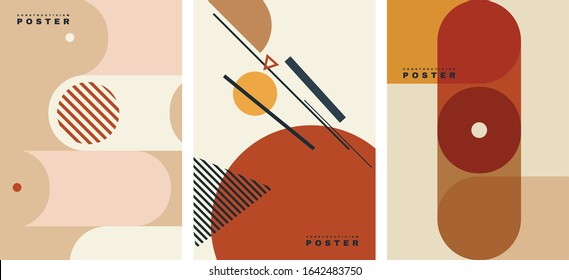 Vector. Set Of Costructivism Abstract Posters. Geometric Shapes, Template Design, Modern Minimal Wall Art, Terracotta Color Elements. Layout For Flyer, Poster, Magazine Or Brochure. Avant Garde. 