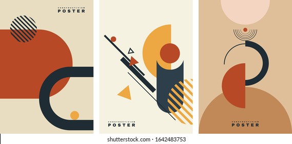 Vector. Set of costructivism abstract posters. Geometric shapes, template design, modern minimal wall art, terracotta color elements. Layout for flyer, poster, magazine or brochure. Avant garde. 