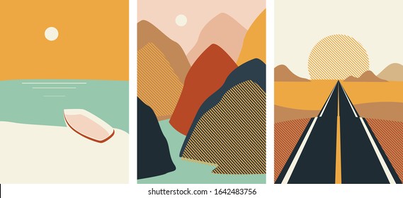 Vector. Set of costructivism abstract posters landscapes. Geometric shapes, template design, modern minimal wall art, terracotta color elements. For flyer, poster, magazine or brochure. Avant garde. 