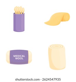 Vector set of cotton medical supplies including swabs, pads, wool, and roll