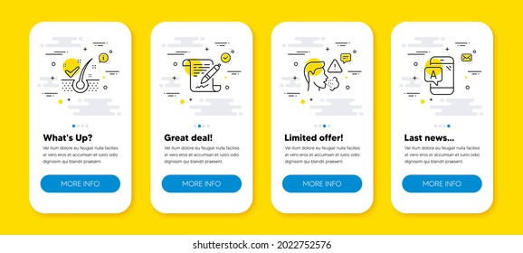 Vector set of Cough, Agreement document and Anti-dandruff flakes line icons set. UI phone app screens with line icons. Ab testing icon. Flu symptom, Legal contract, Healthy hair. Phone test. Vector