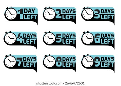 Vector set of countdown labels from 1 to 9 days left with stopwatch icons. Perfect for sale promotions, limited offers, deadlines, or event reminders. Editable and easy to use in designs.