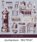 vector set: country home - vintage furniture and household objects