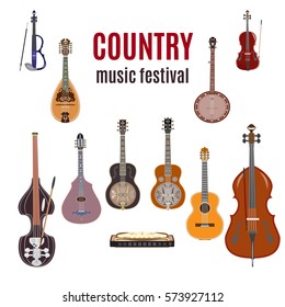 Vector set of country music instruments. Flat style design elements isolated on white background.