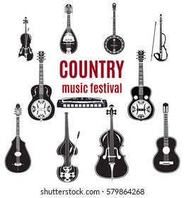 Vector set of country music instruments. Black and white flat style design elements isolated on white background.