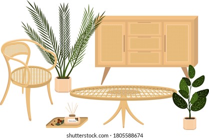 Vector set of country rattan furniture with plants contains a chair, a coffee table, a cupboard and houseplants